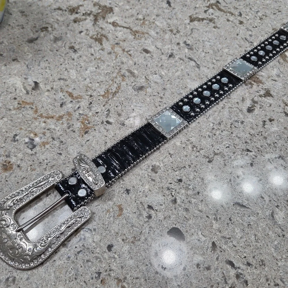 Vintage Blazin Roxx Women Blk Croc Rhinestone Western Belt Silver Studded XL Y2K